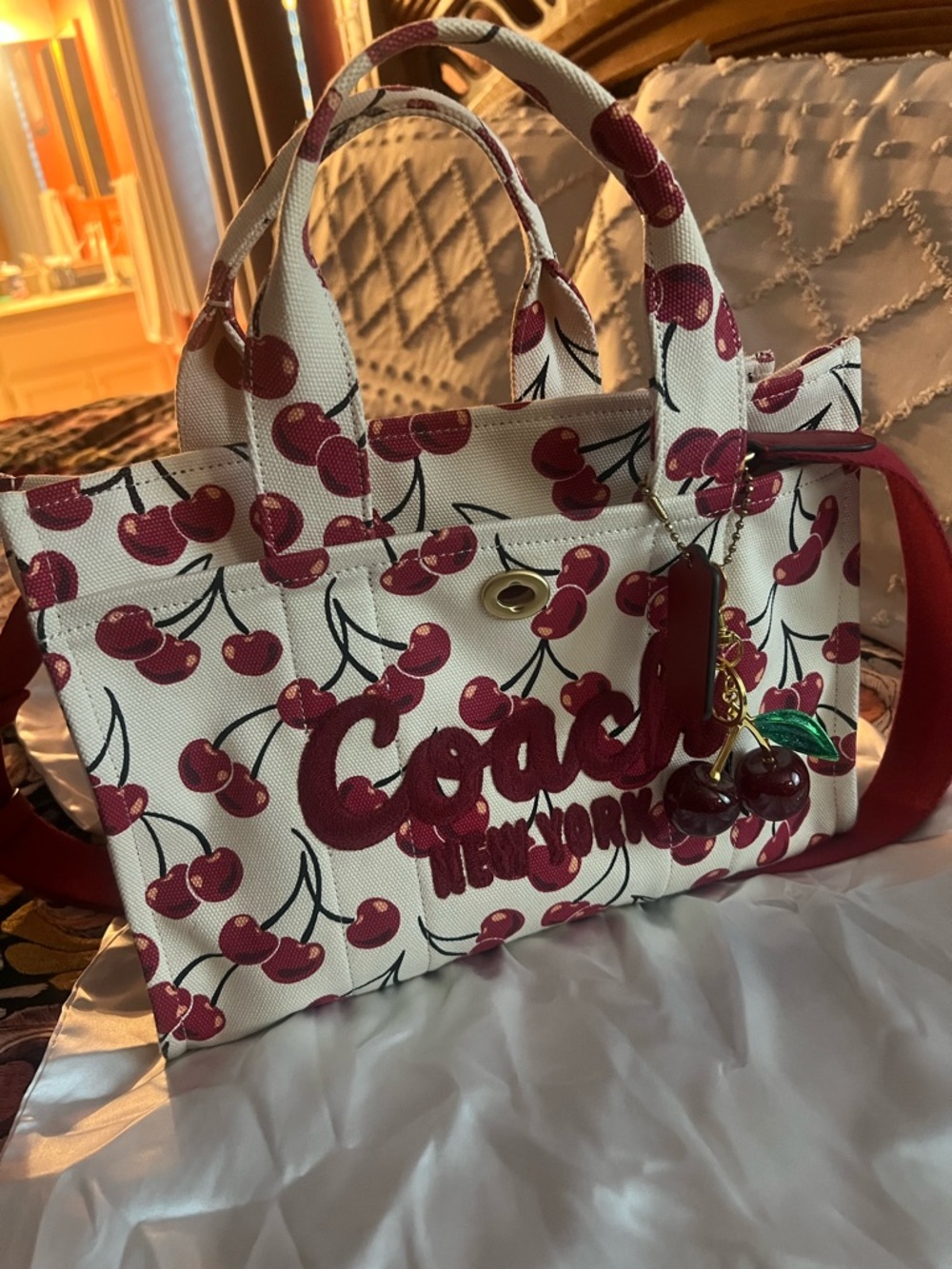 Coach Cherry-Print Canvas Tote - Red and Cream